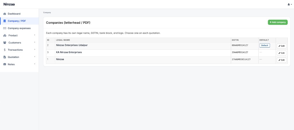 Ninzaa Inventra companies screen for letterhead and PDF with GSTIN and default company.
