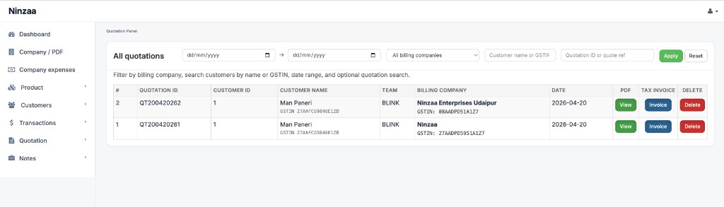 Ninzaa Inventra all quotations list with customer and billing company details.