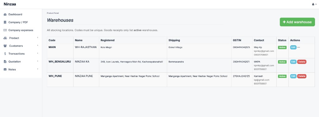 Ninzaa Inventra warehouses list with addresses, GSTIN, and contact details.